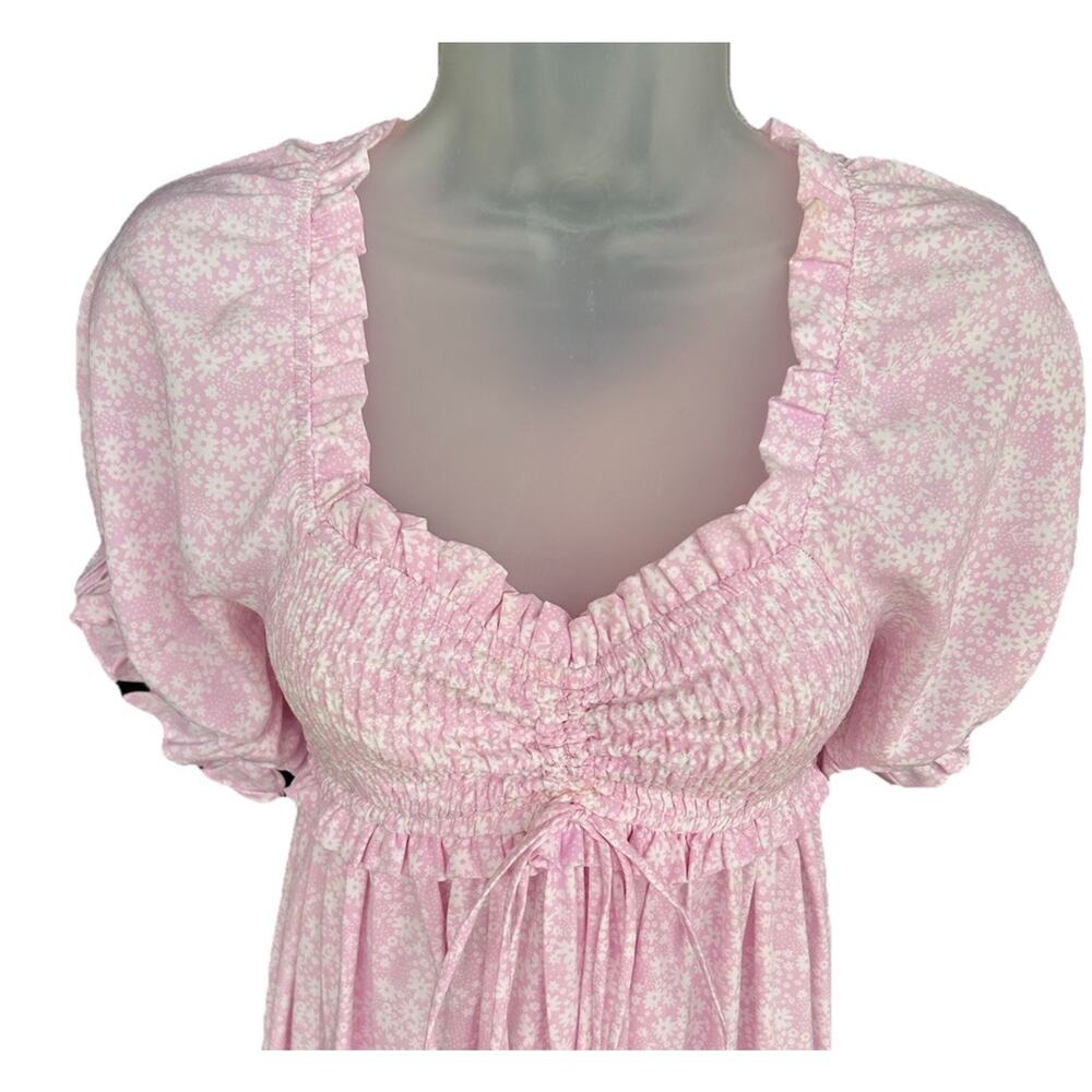 Mable Pink Smocked Maxi Dress Size Med Cottagecore Ditsy Floral Puff Sleeve Boho - Picture 4 of 10